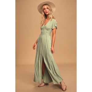 Lulus Completely in Love Maxi Green Swiss Dot Dress